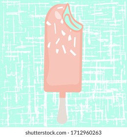 One pink ice cream on a stick on a turquoise background, textured. Vector design template for summer.