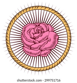 One pink rose in circle of ropes and thorns .White background.