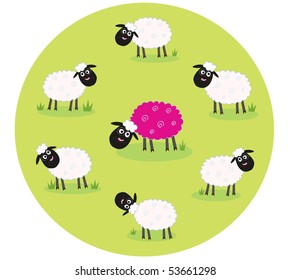 One pink sheep is lonely in the middle of white sheep family. Stylized vector illustration of sheep family. The pink sheep is different and standing alone.