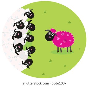 One pink sheep is lonely in the middle of white sheep family. Stylized vector illustration of sheep family. The pink sheep is different and is standing alone.