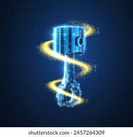 One piston and oil splash on blue. Motor oil, Car engine, Motorcycle part, Pistons industry, Technical innovation, Auto mechanic, Crankshaft rod, Lubricant additive concept. Abstract 3d illustration.