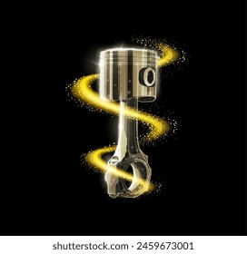 One piston and oil splash on black. Motor oil, Car engine, Motorcycle part, Pistons industry, Technical innovation, Auto mechanic, Crankshaft rod, Lubricant additive concept. Abstract 3d illustration.