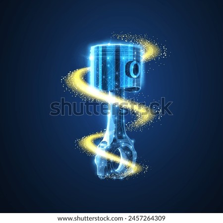One piston and oil splash on blue. Motor oil, Car engine, Motorcycle part, Pistons industry, Technical innovation, Auto mechanic, Crankshaft rod, Lubricant additive concept. Abstract 3d illustration.