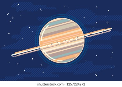 One planet Saturn in space, space exploration illustration background in flat style with lines, planet with rings