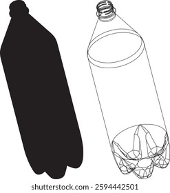 One plastic bottle and black silhouette of flask. Recycle plastic. Vector illustration. Water supply. Carbonated drink. Lemonade. Healthy lifestyle.