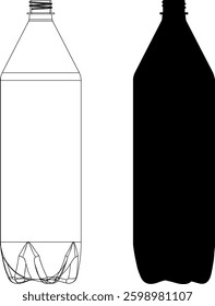 One plastic bottle and black silhouette of flask. Recycle plastic. Vector illustration. Water supply. Carbonated drink. Lemonade. Healthy lifestyle.
