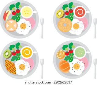 One plate ham and egg illustration set