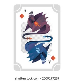 Una carta de juego con dos dragones degradados usados