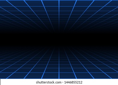 One point perspective blue light over and under grid on dark background, copy space composition, retro technology concept.