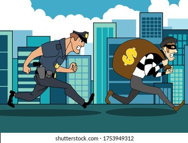 One policeman is chasing after the thief in the city.vector illustration