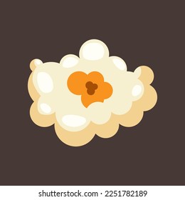 One popcorn piece vector illustration. Salty or sweet snack from corn or souffle for watching movies isolated on brown background. Food, cinema concept