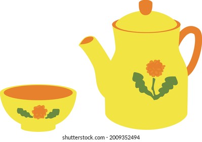 One pot and one cup with a picture of a flower