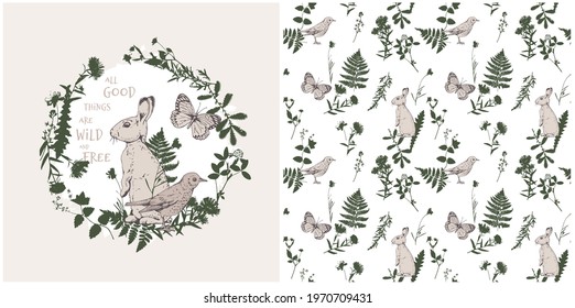 One print and one seamless wallpaper pattern. Bunny, bird, butterfly and forest 
nature herbarium elements. Textile composition, hand drawn style print. Vector illustration.