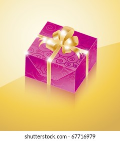 Eine violette Geschenkbox mit goldenem Band