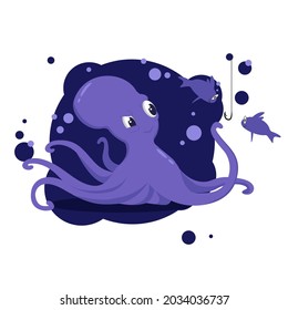 one purple octopus with long legs on the background of fish and a fish hook