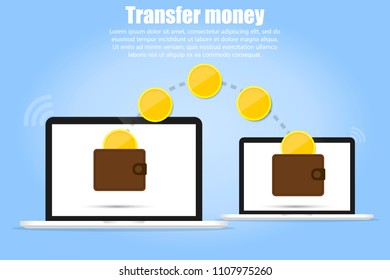From one purse into a computer, money is transferred to another purse in the computer. All of this is on a blue background and text is written around it.