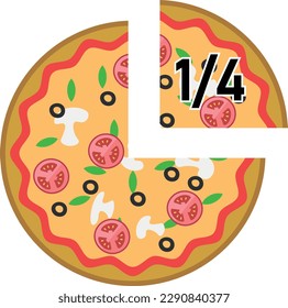 One quarters pizza fractions. Fraction for kids. Pizza slices. Fraction fun with pizza. vector illustration isolated on white background.