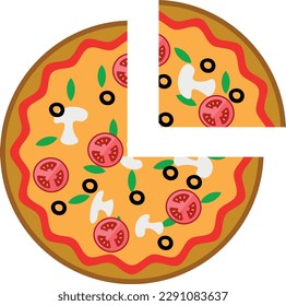 One quarters pizza fractions. Fraction for kids. Pizza slices. Fraction fun with pizza. vector illustration isolated on white background.