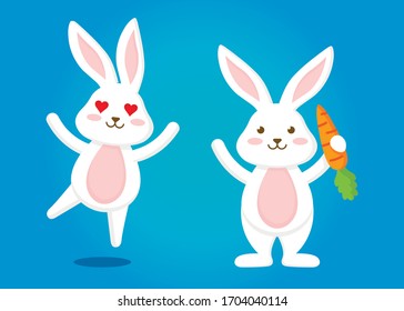 One rabbit with hearts in place of the eyes jumps to meet another rabbit who is standing with a carrot in his hand