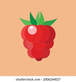 One raspberry berry is red with green leaves on an orange background. Flat style, vector.