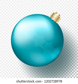 One Realistic Christmas or New Year transparent Bauble, spheres or balls in metallic bright blue color with snowflakes pattern, gold decorative cap and shadow. Vector illustration eps10