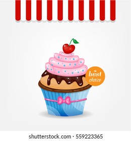 One realistic isolated cupcake with red cherry with green leaf, small pink bow, whipped cream and chocolate glaze, situated on white background with striped awning