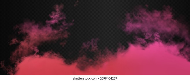 One realistic magenta smoke cloud isolated on dark semi transparent background. Gradient rose color fog vector illustration for banners, backdrops.
