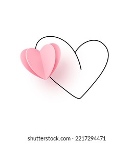 One Realistic Paper Cut Pink Heart On Heart Outline Line, Isolated On White Vector Background. Love Romantic Elegant Pattern.