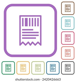 One receipt with barcode outline simple icons in color rounded square frames on white background