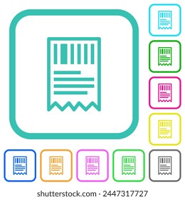 One receipt with barcode outline vivid colored flat icons in curved borders on white background