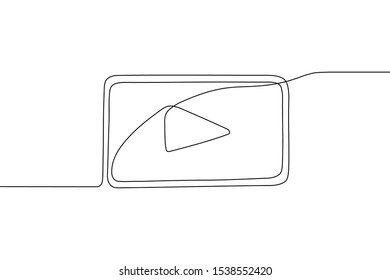 One Rectangular Play Button With Triangle In Middle Drawing In Style Of One Continuous Line Black Color. Self Drawing