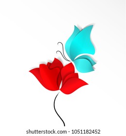 One red abstract flower, poppy, tulip or rose and sky blue or turquoise butterfly. Spring bright paper-cut style vector holiday design card or wallpaper on white background
