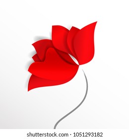 One red abstract flower, poppy, tulip or rose. Spring bright paper-cut style vector holiday design card or wallpaper on white background.