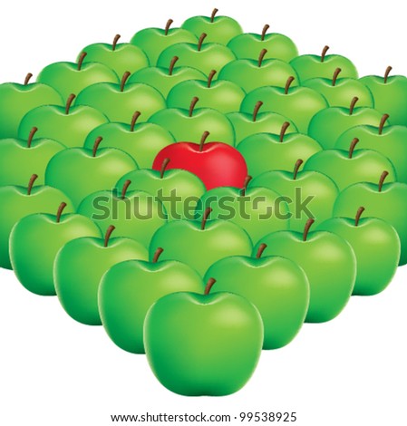 One red apple on a background of green apples