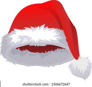 One red cartoon fur santa hat isolated on white. Christmas symbol. Vector illustration