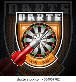 One red darts with round target in center of shield. Sport logo for any darts game or championship