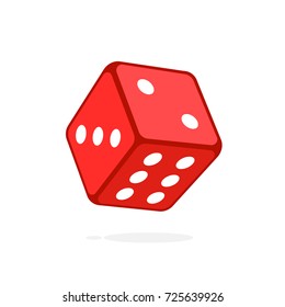 One red dice on white background, isolated. Vector, illustration, flat