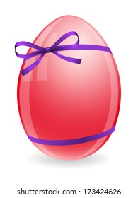 One red easter egg with purple bow and ribbons isolated on white background. Vector illustration