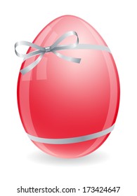One red easter egg with silver bow and ribbons isolated on white background. Vector illustration