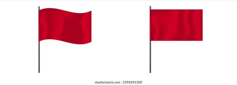 One red flag waves in the wind while the other flag remains still on its pole.