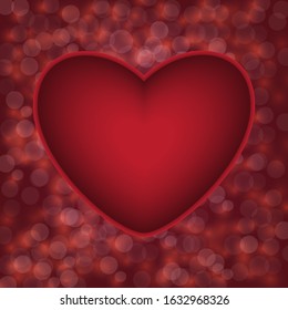 The one red heart with copy space and vector bokeh on a red background.