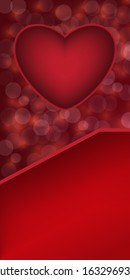 The one red heart with copy space and vector bokeh on a red background.