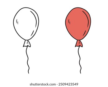 One red helium balloon is flying as a concept of childhood, happiness, celebration, wish in black isolated on white. Hand drawn vector sketch illustration in doodle engraved vintage line art style