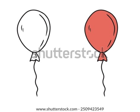 One red helium balloon is flying as a concept of childhood, happiness, celebration, wish in black isolated on white. Hand drawn vector sketch illustration in doodle engraved vintage line art style