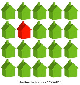one red house among many green - being different - vector