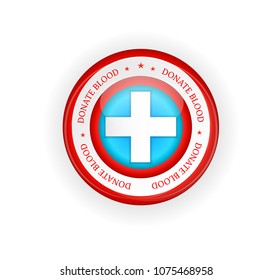 One red label, badge with text Donate Blood, white cross, isolate on white background