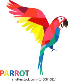 One red Macaw with green and blue wings low polygon isolated on white background. Stylized illustration of a parrot with a multicolored tail.Colorful parrot bird modern geometric icon.