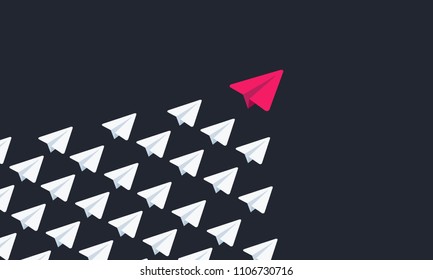 One Red and many white paper airplanes isolated on a dark background. Teamwork, leadership. Business concept. Vector illustration.