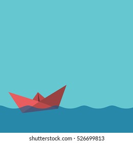 One red paper boat sailing on water surface with waves. Sky background. Copy space. Courage and freedom concept. Flat design. EPS 10 vector illustration, transparency used