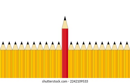 One red pencil and group of yellow pencils. Difference concept.
